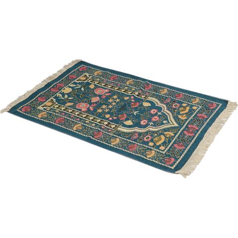 Tapis de Prière Islamique Léger Motif Fleuri Brodé Bleu Ciel Voyage (1/5)