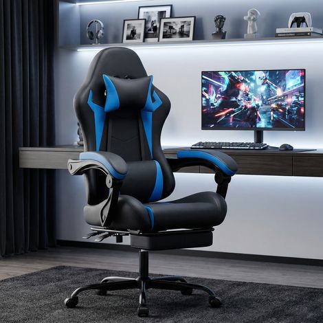 Chaise gaming noir et bleu en PVC avec repose-pieds, appui-tete et soutien lombaire reglables (1/4)