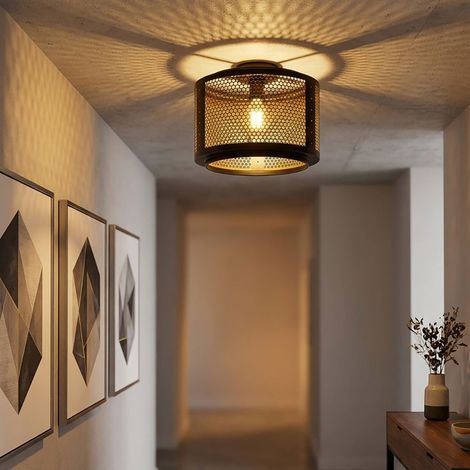 LED Deckenleuchte Deckenlampe Wohnzimmerleuchte schwarz gold Retrolampe Esstischleuchte, Gitterschirm Metall rund, 1x E27 Filament LED warmweiß, DxH 40x34 cm (1/5)