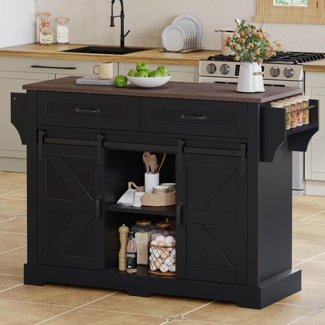 Desserte de Cuisine avec 2 Portes Coulissantes, 2 Tiroirs, Plateau Rabattable et Étagères Réglables en MDF 120x45x91 cm Noir (1/5)