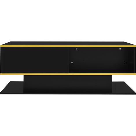 Table basse moderne noire brillante 100x50x40 cm avec LED, 3 tiroirs et ornements dorés (1/5)
