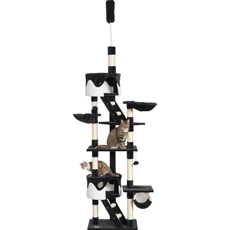 Arbre à chat sol‑plafond 60×45×240‑260 cm MDF E1, 2 grottes, hamacs, rampes, poteaux sisal, jouets suspendus, plusieurs chats, assemblage requis (1/5)