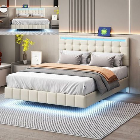 Bett 140x200 cm - Beige - Integrierte LED - Leinenstoff - Modernes Doppelrahmen