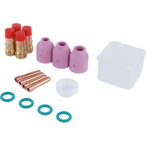 Ensemble de 17 accessoires de soudage TIG : pince, lentille à gaz, buse, coupelle isolante pour pistolet de soudage WP 17, 18 et 26. (1/5)