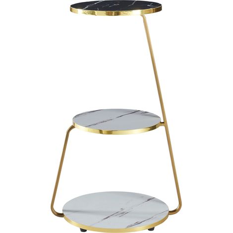 Tavolino laterale a 3 ripiani 74 x 46 x 37 cm marmo bianco / marmo nero / oro 030008648