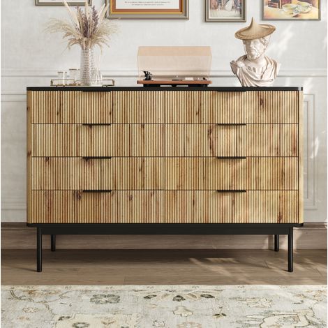 Commode multiple tiroirs 120x39,5x80 cm, naturel et noir, pour salon, chambre et entrée (1/5)