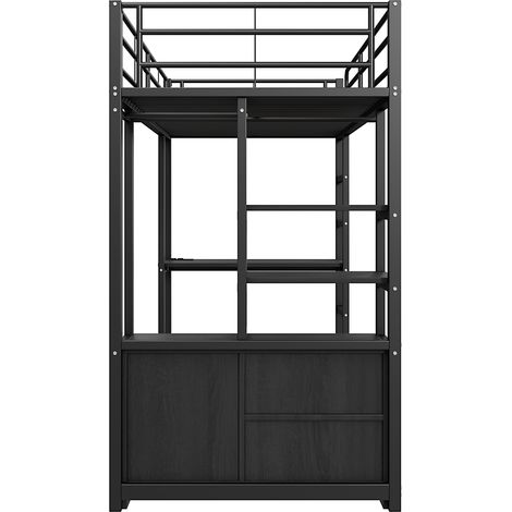 Hochbett 90 x 200 cm aus schwarzem Metall mit Schreibtisch, USB-Anschlüssen, Regalen und Leiter (1/5)