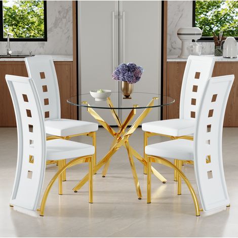 Conjunto comedor 88x88x75 cm, mesa redonda con 4 sillas, vidrio templado, PU y metal, transparente blanco y dorado (1/5)