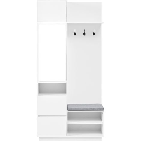 ELVMI Mobile da Ingresso con Specchio, Panca Portascarpe, Cassetto, Ripiani e Ganci per Ingresso in MDF 90 × 34.5 × 190 cm Bianco (1/5)
