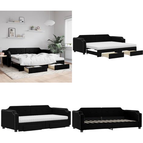 Divano Letto Estraibile con Cassetti Nero 100x200 cm in Tessuto - Letto da giorno - Letto con cassetti
