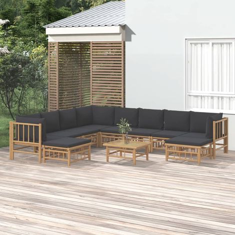 Salon de jardin 11 pcs avec coussins gris foncé bambou (1/5)