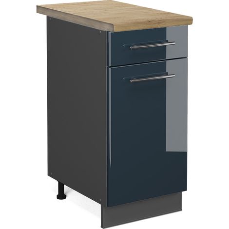 Küchenschränke  Fame-Line, Dunkelblau Hochglanz, 40 cm , AP Eiche, Vicco
