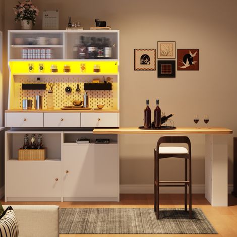 MEUBLIV Credenza alta 137x45x178 cm bianca con LED, piano estensibile e 3 cassetti (1/5)