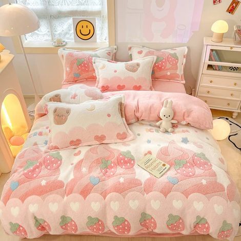 Parure de lit Douce à Motif de Fraise Rose pour Enfants Housse de Couette Douce à Motif de Dessin animé Kawaii pour Grand lit Fraise Grand lit (1/5)