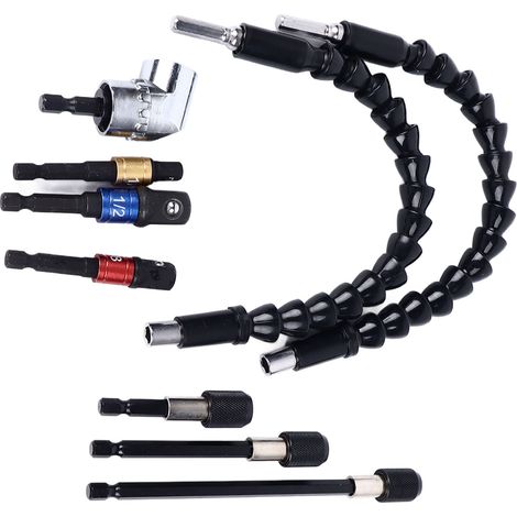 Kit rallonge mèche perforatrice polyvalent flexible rapide divers angles pour auto bricolage 2 tiges 1 tête 90° 3 mèches 3 porte-mèches (1/5)