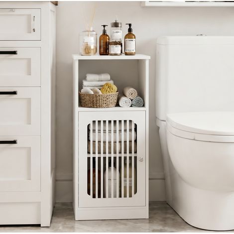 Meuble de salle de bain bas à poser, porte à lamelles, rangement multicouche, MDF et panneaux particules blanc (1/5)