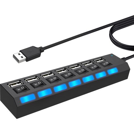 USB Hub - 7 Puertos - USB 2.0 - Con Interruptores Individuales LED - Compacto Portátil - Para Ordenador Portátil PC y MacBook - 1 Unidad (1/5)