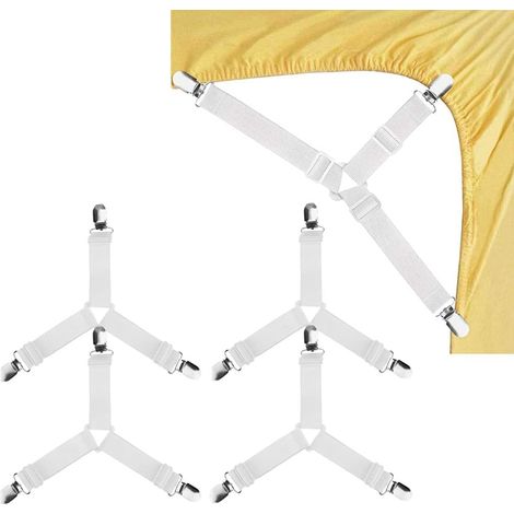 Bettlakenbefestigungen, 4 Stück dreieckige elastische Hosenträger, Halteclips, verstellbare elastische Dreiecksbänder für Spannbettlaken, Sofakissen, Tischdecken, Bügelbretter, Weiß. (1/5)
