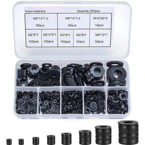 500 Pièces Rondelles Plates Nylon Noir, Rondelles Plates Isolation Rond Joint Spacer Joint Plomberie Assortiment Kit- M2/M2.5/M3/M4/M5/M6/M8/M10 (1/5)