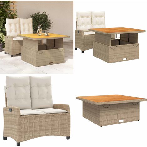 Set comedor de jardín 2 pzas con cojines ratán sintético beige - Banco de jardín - Mesa de jardín