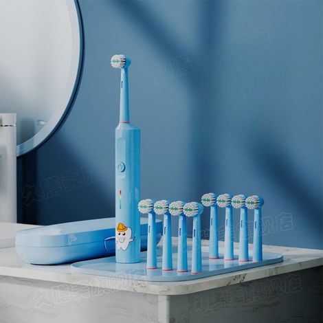 (1 jeu de 8 têtes de brosse + boîte de voyage) Brosse à dents électrique pour enfants avec tête ronde rotative automatique et poils souples (1/5)