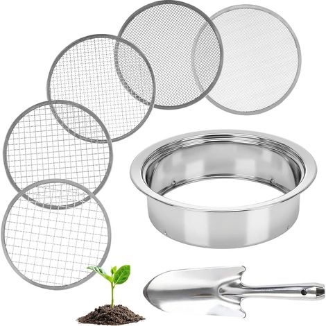 5-en-1 Tamis de Jardinage en Acier Inoxydable,Tamis à Sable avec Mailles Ø 1, 3, 6, 9 et 12 mm,Inclut 1 Pelle à Main pour Terre, Pierres, Compost, Mauvaises Herbes, Sable, Gravier et Graines (1/5)