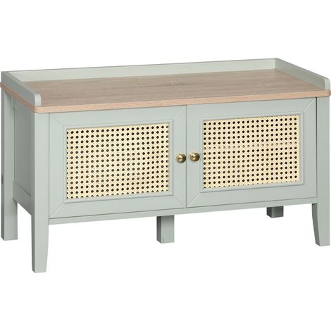 Banc à chaussures avec étagère et rangement 2 pancartes cannage poignée aluminium vert