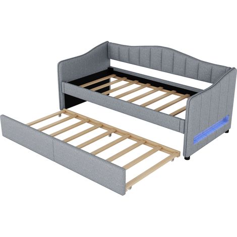 Cama de día 90 x 200 cm con cama nido, sofá cama de lino gris, sin colchón (1/5)