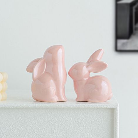 Statue Lapin - Céramique - Décoration Intérieure - Bureau - Étagère - Salon - Lot de 2 - Rose (1/5)