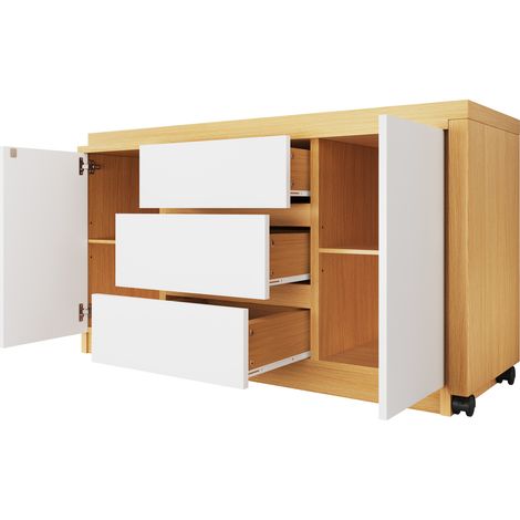 Escritorio plegable con ruedas bloqueables, mesa giratoria 360°, blanco y roble, 120x50x76,5 cm (1/5)