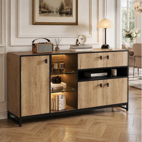Aparador de madera de ingeniería natural con estructura metálica negra, 2 puertas, balda de vidrio y balda regulable 160 cm (1/5)