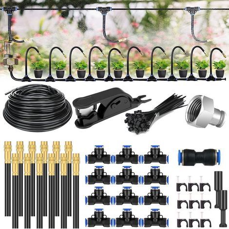 Kit d'Irrigation Automatique 10M - Système Mixte Goutte-à-Goutte + Brumisation, Tuyau + Buses Réglables, pour Jardin, Potager, Serre et Terrasse (1/5)