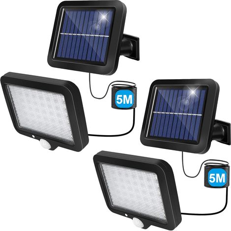 Vtizikl Lampe Solaire Exterieur (2Pack IP65-2000Mah) Lumière Solaire Extérieure avec Détecteur de Mouvement 56 LED, Avec Câble de 5 m, Adapté à une Utilisation en Extérieur et dans le Jardin [Classe é (1/5)