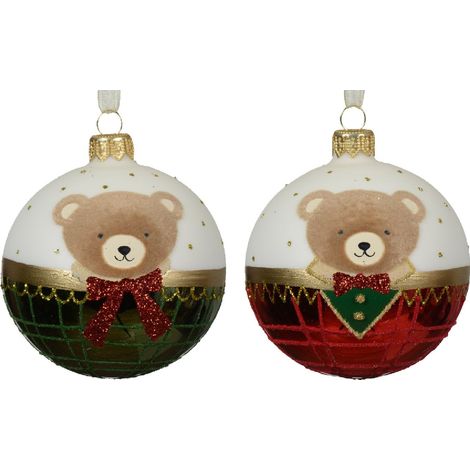 Palline per albero di Natale in vetro Rosso e verde con orso da 8 cm, confezione da 6 pezzi (1/2)
