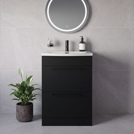 Napoli 390 Nero Oak 600mm 2 Drawer Vanity Unit with Arc Basin - 600mm - Matt Black 320mm Handle