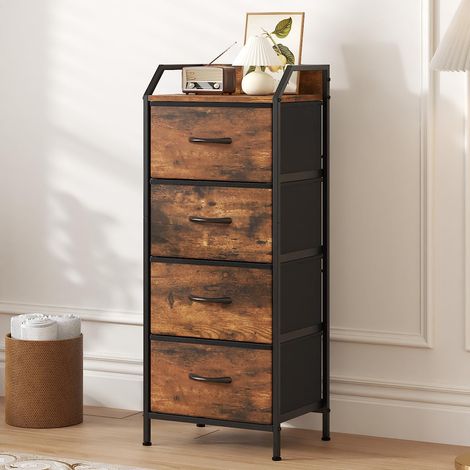 Cassettiera stretta in tessuto a 4 cassetti, ampia capacità contenitiva, colonna moderna e alta, piano in legno e struttura in metallo, marrone (1/5)