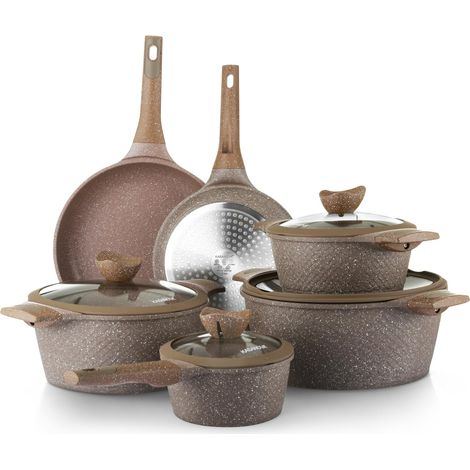 Set de casseroles antiadhésives 0 Graisses, batterie de cuisine pour induction et tous types de plaques, set de casseroles et poêles antiadhésives à 4 couches avec design moderne. (10 pièces) (1/5)