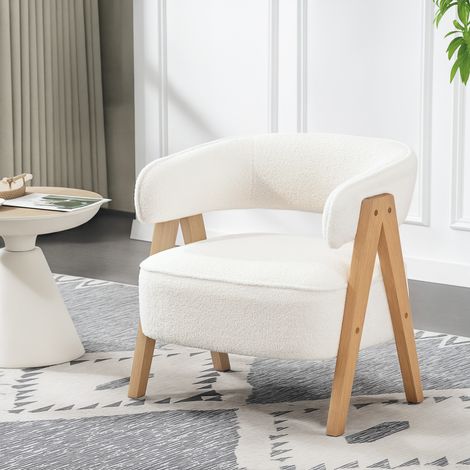 Sillón moderno tapizado, funda de felpa, silla auxiliar, sillón con patas de madera, estructura metálica, blanco