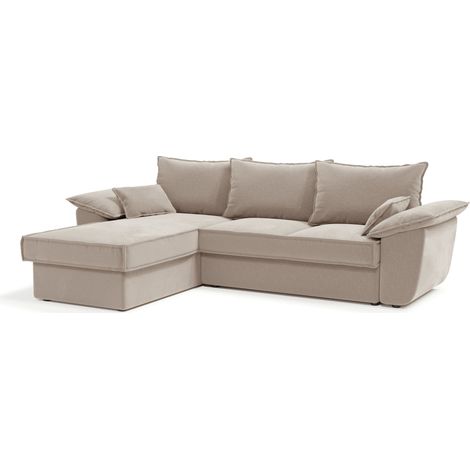 Canapé d'angle gauche convertible 4 places en velours beige SASHA (1/5)