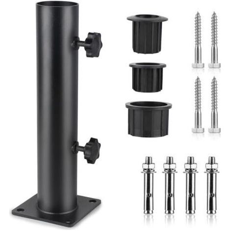 CHOYCLIT Pied Parasol, Tube de Parasol, Support Parasol Metal Réglable avec 3 Anneaux de Réduction en PVC (32/38/48mm), Tube pour Pied de Parasol avec 8 Clous en Acier, Noir (1/5)