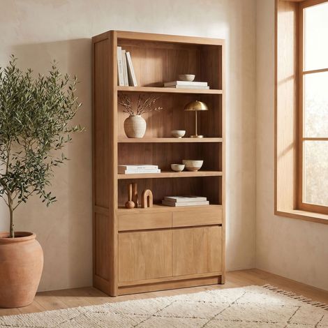 Bibliothèque 4 étagères et 2 portes 100x38x190cm en teck naturel- BALI (1/5)
