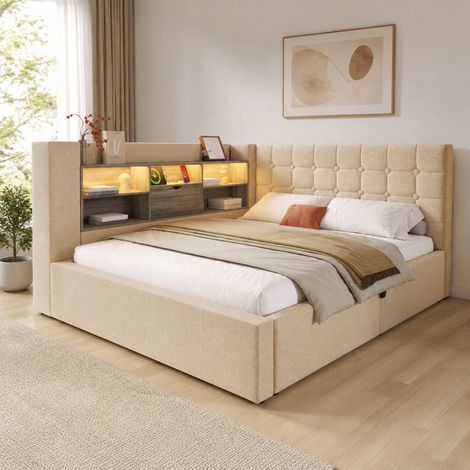 Polsterbett 140 x 190 cm mit LED-Beleuchtung, Stauraum und Ladeanschlüssen, Beige (1/5)