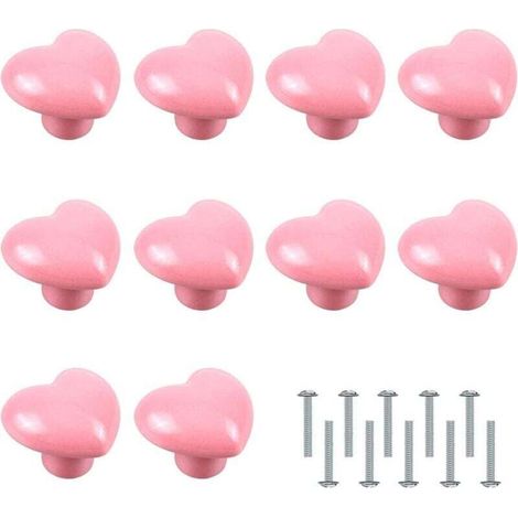 10 Boutons de Porte Céramique Rose En Forme de Cœur Pour Armoire Placard Enfant