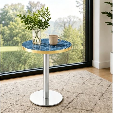 Table basse ronde 60 cm en MDF effet marbre bleu avec bord doré HAVRYA (1/5)