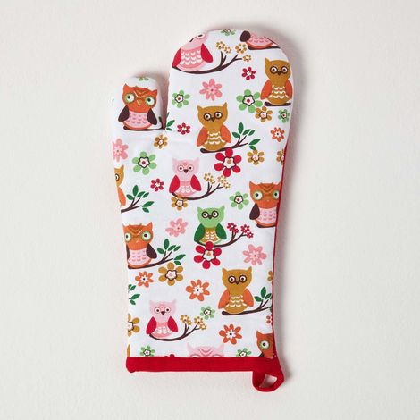 HOMESCAPES Red Owls Cotton Oven Glove
