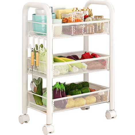 Chariot de rangement à roulettes, étagères de rangement à plusieurs niveaux, paniers à légumes et collations multifonctionnels et mobiles, étagères de cuisine blanches à trois niveaux (1/5)