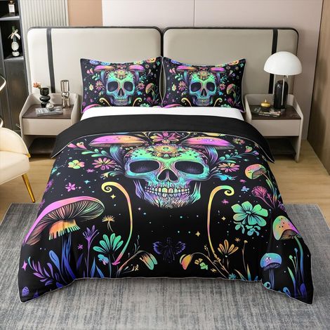 Parure de lit 100 % coton - Motif tête de mort - Champignons mignons - Couleur : papillon, squelette - Housse de couette - 135 x 200 cm - 1 taie d'oreiller - Rose, vert, noir (1/5)