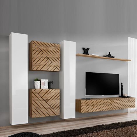 Ensemble Meuble TV "Switch Lamel VI" 330cm Naturel & Blanc (1/5)