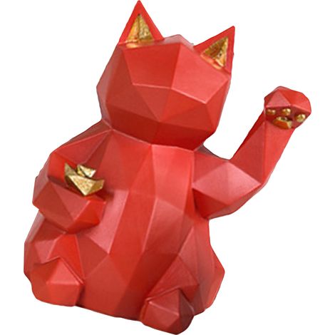 Figurine de chat porte-bonheur Maneki Neko rouge vif en résine écologique, style géométrique, pour table, bureau ou étagère. (1/5)