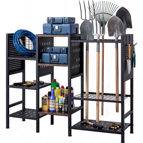 Étagère à Outils 3 Niveaux, Support Autoportant de Rangement avec Panneau Perforé&Crochet, Pouvant Ranger 66 Pelles, Râteaux et Balais, Porte-Outils (1/5)